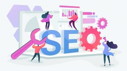 Concept illustration of people using tools and analyzing SEO data