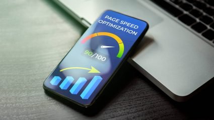 Mobile phone displaying page speed rating