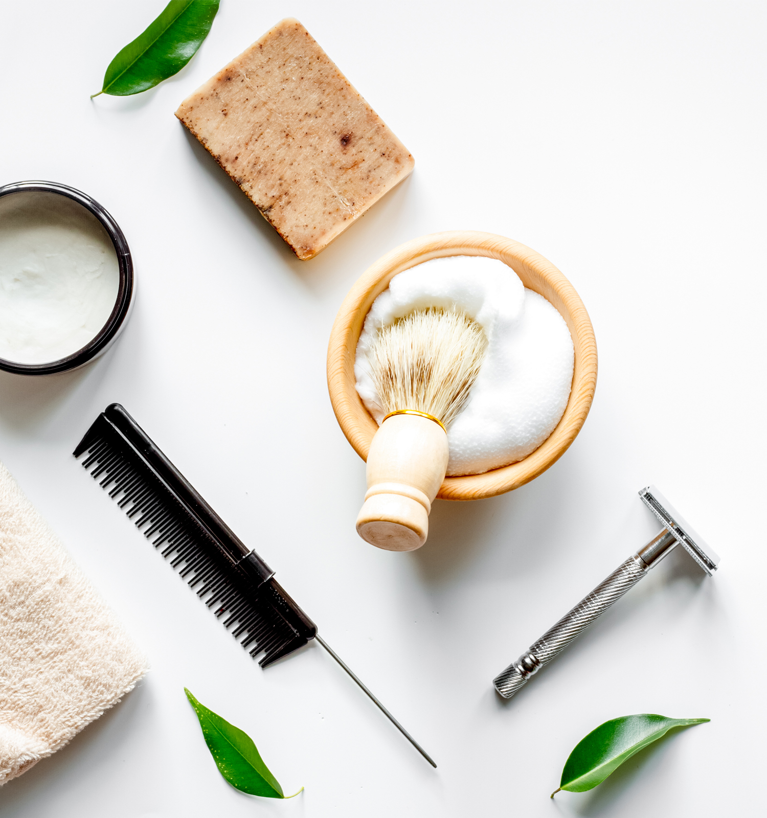 mens grooming products flat lay