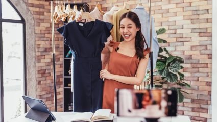 Woman filming live shopping session