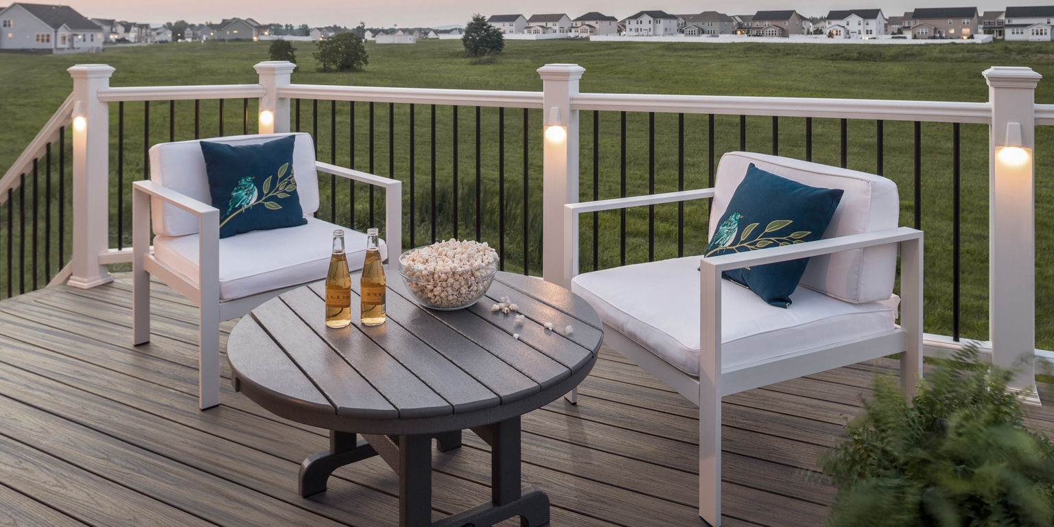 trex patio set on deck at sunset