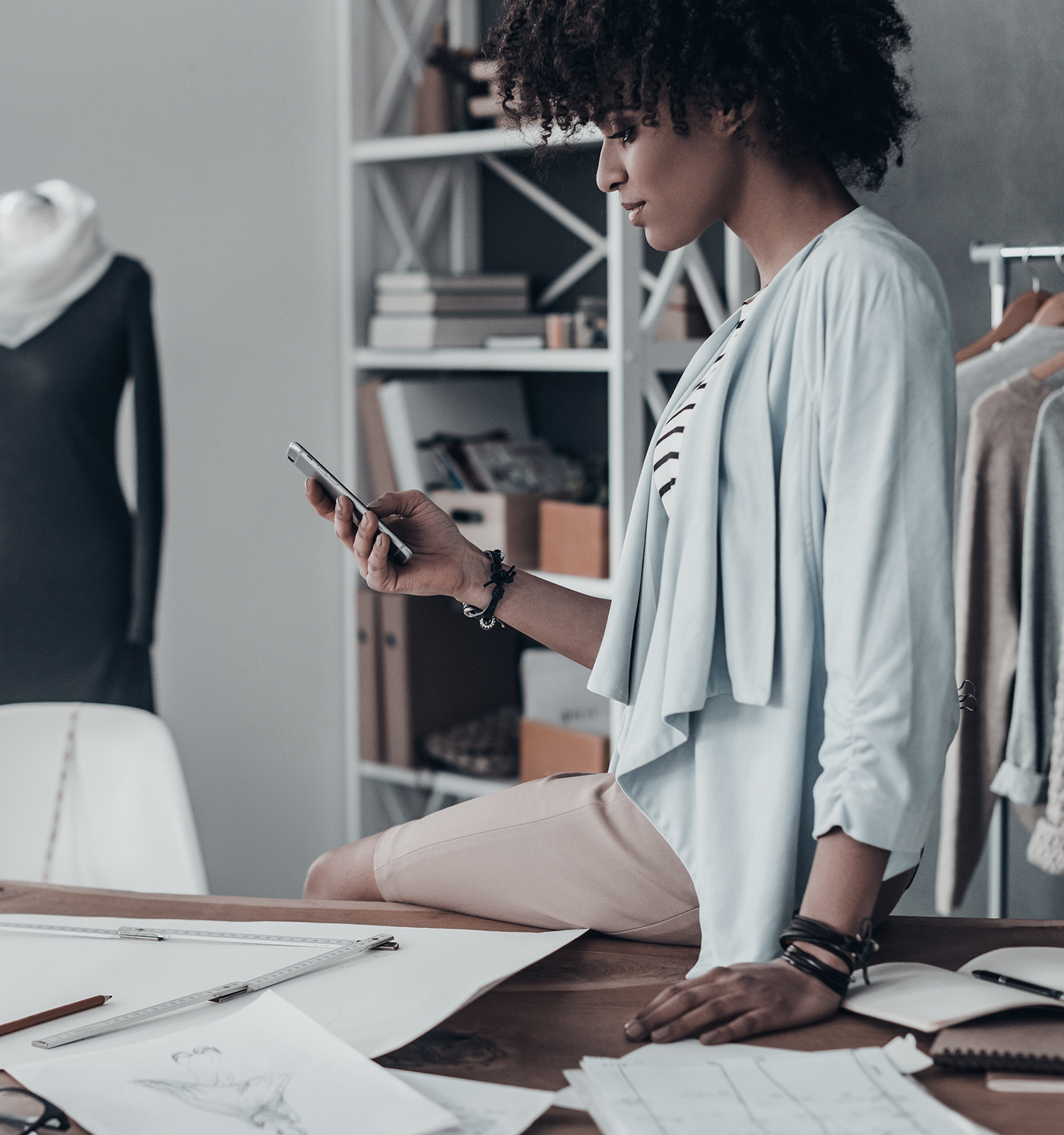 Clothing designer in her studio